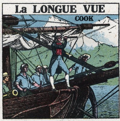 Los primeros instrumentos ópticos: el Capitán James Cook (1728-1779), en la proa de su barco, observa las tierras del sur a larga vista. Ilustración anónima de 1925. Colección privada. de Anonymous Anonymous