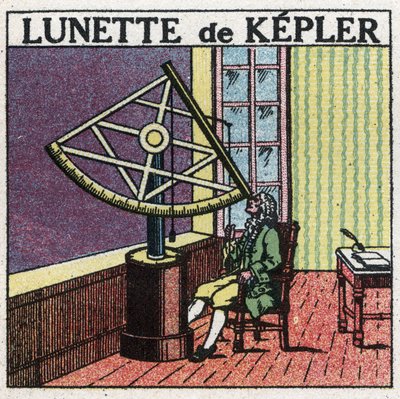 Los primeros instrumentos ópticos: anteojo astronómico de Johannes Kepler (Keppler) (1571-1630) inventado alrededor de 1615. Ilustración anónima de 1925. Colección privada. de Anonymous Anonymous