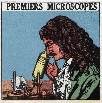Los primeros instrumentos ópticos: microscopio utilizado en la época de Christiaan Huygens (Huyghens) (1629-1695). Ilustración anónima de 1925. Colección privada. de Anonymous Anonymous