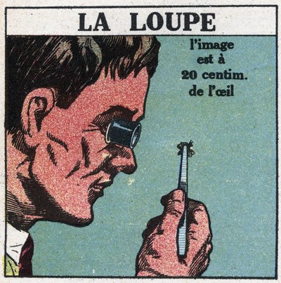 Los primeros instrumentos ópticos: la lupa. Ilustración anónima de 1925. Colección privada. de Anonymous Anonymous
