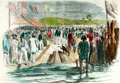 La primera recogida en la inauguración de las obras de perforación del Canal de Suez el 25 de abril de 1859. El sitio de construcción en Egipto destinado a conectar el Mar Rojo con el Mar Mediterráneo duró hasta 1869. Grabado del siglo XIX. Colección priva de Anonymous Anonymous