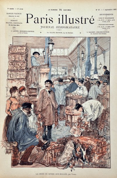 El juego criee en las Halles de París en 1887. Ilustración de Hermann Vogel (1856-1918). Grabado de 1887 en 