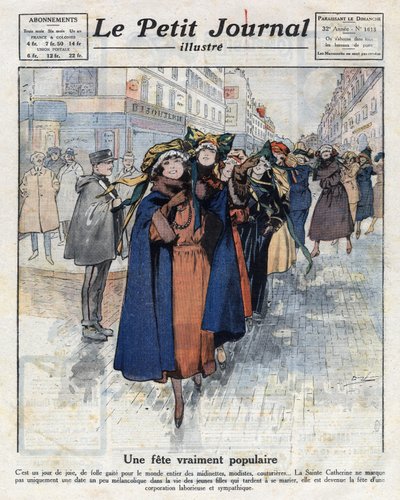 El viaje de las catherinettes, jóvenes solteras con sombreros tradicionales, en las calles de París. Ilustración tomada de “Le petit journal” del 04/12/1921. Colección privada de Anonymous Anonymous