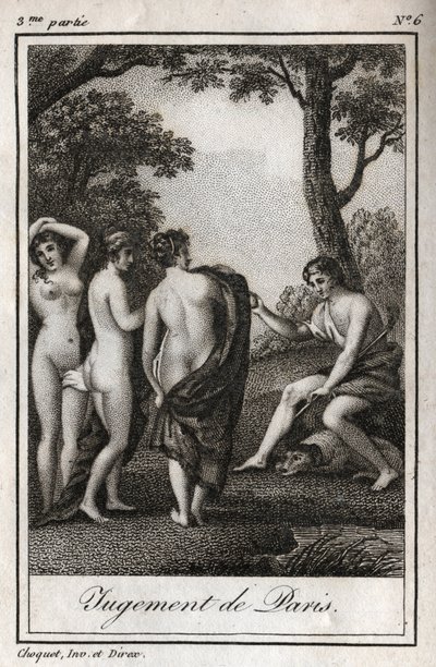 El juicio de París. El pastor París debe elegir a quién dará la manzana dorada para designar a la más bella de las tres diosas, Atenea, Afrodita o Hera. Grabado de 1819 en 