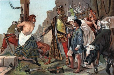 La justicia de Baudouin VII (1092-1119), conde de Flandes conocido como el del hacha. Cromolitografía publicitaria de los chocolates Antoine en Bruselas, principios del siglo XX. Colección privada de Anonymous Anonymous
