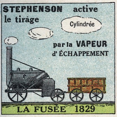 La locomotora: el cohete inventado por George Stephenson (1781-1848) en 1829. Ilustración anónima de 1925. Colección privada. de Anonymous Anonymous