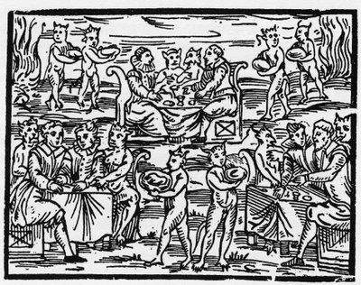 La comida de las brujas en el Sabbath - Compendium Maleficarum, trata sobre las brujas, su maldad y sus sortilegios por Francesco Maria Guazzo o Guaccio o Guaccius (15?? -16??) 1608 Colección Privada de Anonymous Anonymous