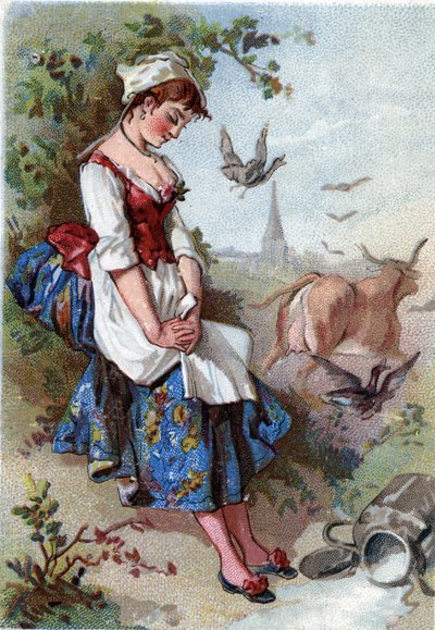 La lechera y el cántaro de leche. Fábula de Jean de La Fontaine (Lafontaine) (1621-95). Cromolitografía del siglo XIX. Colección privada de Anonymous Anonymous