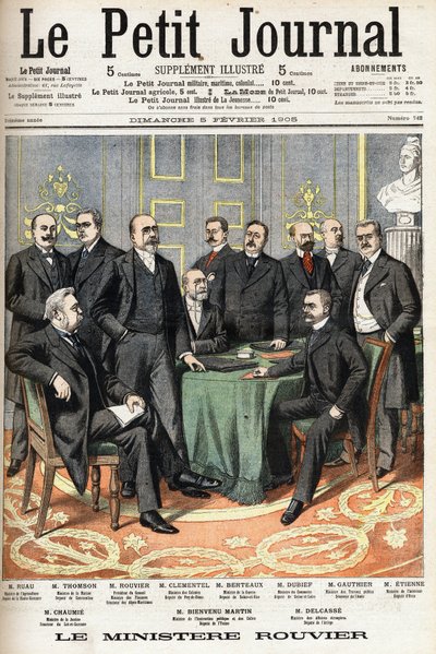 El ministerio de Rouvier: En la parte inferior de izquierda a derecha: Joseph Ruau (1865-1923), Ministro de Agricultura, Gaston Thomson (1848-1932), Ministro de Marina, Maurice Rouvier (1842-1911), Presidente del Consejo y Ministro de Finanzas, Etienne Cle de Anonymous Anonymous