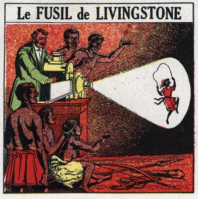 La proyección: el rifle de Livingstone. David Livingstone (1813-1873) misionero y explorador escocés con la linterna mágica en la tribu Balonda en África. Ilustración anónima de 1925. Colección privada. de Anonymous Anonymous