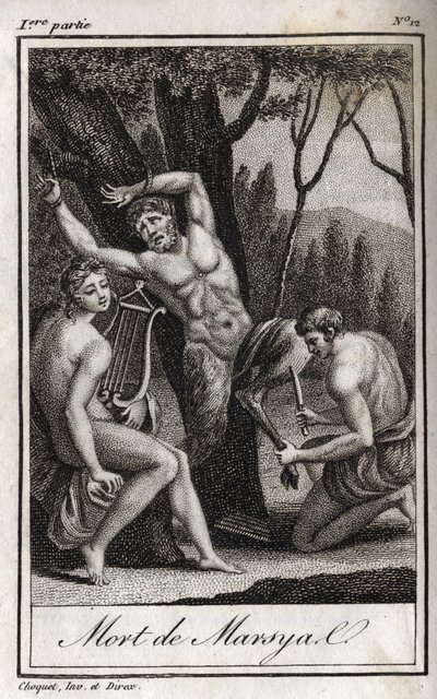 El castigo o muerte de Marsias (El castigo de Marsias) es castigado por haber desafiado a Apolo a la lira y es desollado por el Arquero en presencia del Rey Midas y las Musas. Grabado de 1819 en “Lettres a Emilie sur la mythologie” de Charles Albert Demous de Anonymous Anonymous