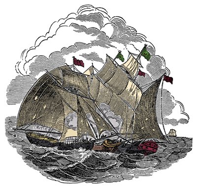 El barco del pirata Henry Every (John Avery, Long Ben, Benjamin Bridgeman) (? -1695) atacó en septiembre de 1695 la flota del gran Mogol Aurangzeb (Alamgir) frente a Surat, India. Grabado de “The Pirates Own Book” de Charles Ellms de Anonymous Anonymous