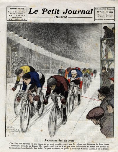 La carrera de seis días: Piet van Kempen (1898-1985), Alfred Grenda, Seres y Maurice Brocco (1883-1965) durante el sprint. Grabado en Le Petit Journal illustré, el 16/04/1922 de Anonymous Anonymous