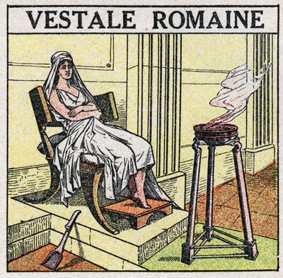 Las fuentes de luz: una vestal en el Imperio Romano para mantener un fuego sagrado que nunca debe extinguirse. Ilustración anónima de 1925. Colección privada. de Anonymous Anonymous