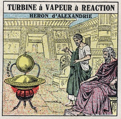La máquina de vapor: una turbina de vapor de reacción. Eolípila inventada por el griego Herón de Alejandría en el siglo I d.C. Ilustración anónima de 1925. Colección privada. de Anonymous Anonymous