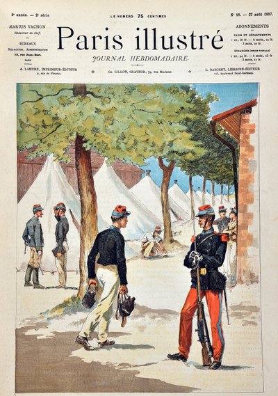 Los estudiantes de la escuela de Saint-Cyr (Saint Cyr) en el campamento de Chalons. Grabado de 1887 en "Paris-Illustrous journal weekly". de Anonymous Anonymous