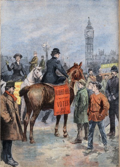 Las sufragistas recorren la ciudad de Londres a caballo. Grabado del periódico "Le Petit Parisien" de Anonymous Anonymous