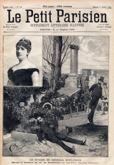 El suicidio del General Georges Boulanger (1837-1891) en el cementerio de Ixelles en Bélgica frente a la tumba de Madame Bonnemains. Grabado en “Le petit Parisien” de 1891. Colección privada. de Anonymous Anonymous
