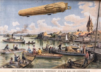 Las pruebas del dirigible Zeppelin en el lago Constanza en Alemania. Grabado del periódico "Le Petit Parisien", el 2/08/1908. Colección privada. de Anonymous Anonymous