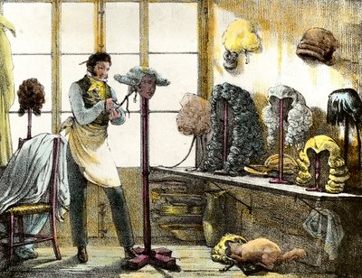 El peluquero peinando una peluca de catogan, peluquero de hombres. Grabado de Mirror shows, letters, meds, etc. The arts 1821-1823 Colección privada de Anonymous Anonymous