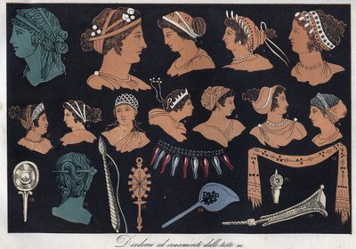Tiaras y adornos de cabezas en la antigua Grecia - grabado de “Usi e Costumi di Tutti i Popoli dell