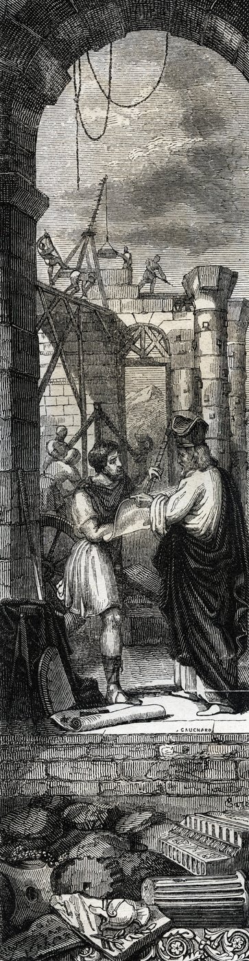 Trofimo de Arlés o San Trofimo (siglo III) construyendo la iglesia de Arlés - Grabado de 1846 en 