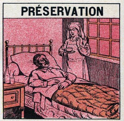 Rayos ultravioleta: para evitar cicatrices causadas por la viruela, los pacientes deben ser tratados en habitaciones o entrar solo luz roja, libre de rayos ultravioleta. Ilustración anónima de 1925. Colección privada. de Anonymous Anonymous
