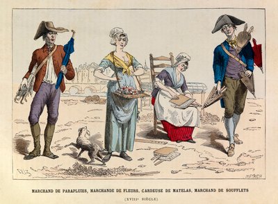 Vendedor de paraguas, vendedor de flores, cardador de colchones y vendedor de fuelles en París en el siglo XVIII - Colección privada de Anonymous Anonymous