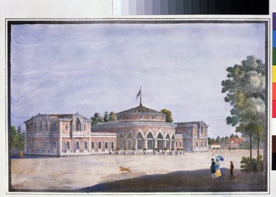 Una estación de tren y un restaurante francés en Catharinhof (Estación de tren y restaurante francés en Catharinhof). Litografía anónima, coloreada a la acuarela, 22 x 33 cm de Anonymous Anonymous
