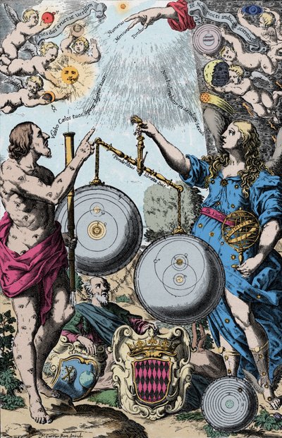 Urania, la Musa de la Astronomía representada frente a Argus, sosteniendo un telescopio. Pesan y comparan el sistema de Copérnico (izquierda) y el de Giovanni Riccioli inspirado en el de Tycho Brahe (que combina las visiones geocéntricas de Ptolomeo) de Anonymous Anonymous