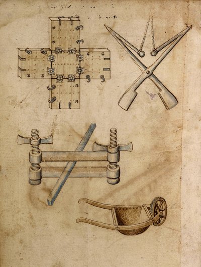 Varios objetos de ingeniería, incluyendo una carretilla - Manuscrito: hoja de pergamino de un manual de ingeniero para la construcción de edificios civiles, religiosos y militares, anónimo, finales del siglo XV (figura en tinta china) de Anonymous Anonymous