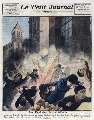 Hechos diversos: una explosión provocada por detonadores de granada en una musette abandonada jugada por niños después de salir de una escuela en Saint Denis. Ilustración tomada de “Le petit journal” del 23/10/1921. Colección privada de Anonymous Anonymous