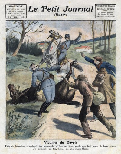 Varios hechos: asesinato de dos gendarmes por criminales vagabundos en el camino a Cavaillon en Vaucluse. Ilustración tomada de “Le petit journal” del 06/03/1921. Colección privada de Anonymous Anonymous