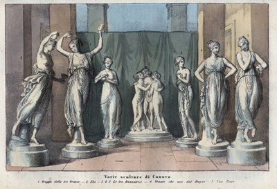 Varias esculturas de Canova - Las Tres Gracias - Hebe - Las Tres Gracias Bailando - Venus Italica - Musa - grabado de "Usi e Costumi di Tutti i Popoli dell