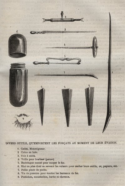 Varios herramientas que los forzados llevan cuando escapan. Grabado en "Histoire des bagnes depuis leur création à nos jours" (1877) por Pierre Zaccone (1817-1895) de Anonymous Anonymous
