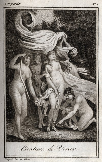 Cinturón de Venus: Mientras la batalla continúa beneficiando a los troyanos, Juno usa el cinturón de Venus para encantar a Júpiter y dormirlo. Grabado de 1819 en 