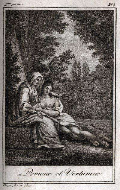 Vertumno y Pomona (Júpiter y Ceres): Vertumno, enamorado de la ninfa Pomona, se disfraza de anciana para acercarse a ella. Grabado de 1819 en "Lettres a Emilie sur la mythologie" de Charles Albert Demoustier (1760-1801). Colección privada. de Anonymous Anonymous