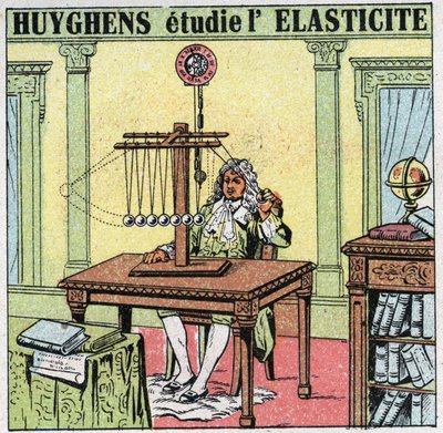 Movimientos vibratorios: Christiaan Huygens (1629-1695) estudia la elasticidad del material observando cuentas de marfil. Ilustración anónima de 1925. Colección privada. de Anonymous Anonymous
