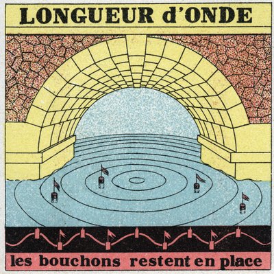 Movimientos vibratorios: longitud de onda. Una piedra que cae en el agua baja y luego levanta el nivel del agua, los tapones en el agua suben y bajan pero permanecen en su lugar. Ilustración anónima de 1925. Colección privada. de Anonymous Anonymous