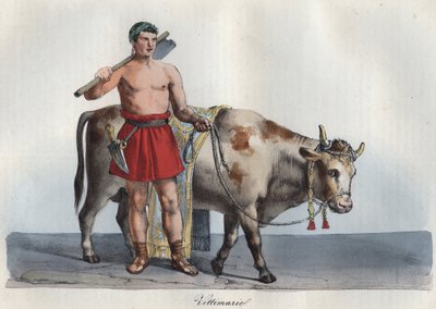 Victimarios - victimario (comerciante de animales destinados al sacrificio) (El que aprehendía el sacrificio y golpeaba a las víctimas) grabado de “Usi e Costumi di Tutti i Popoli dell