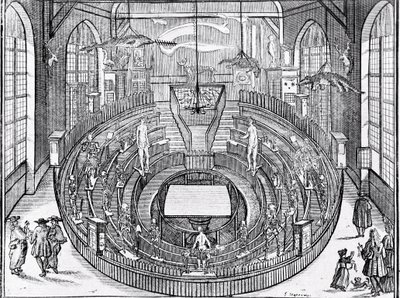 Vista de un teatro anatómico probablemente en la Universidad de Leiden a principios del siglo XVII (grabado) de Anonymous Anonymous