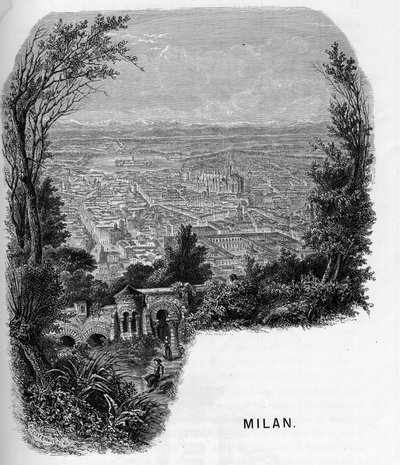 Vista de la ciudad de Milán (Milano), Italia. Grabado de 1859 en les galeries de l