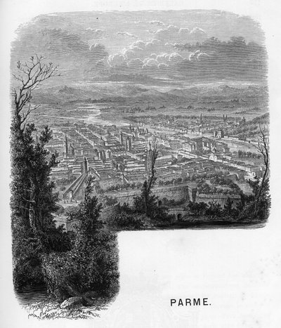 Vista de la ciudad de Parma (Parma), Italia. Grabado de 1859 en “les galeries de l
