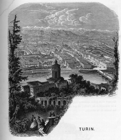 Vista de la ciudad de Turín, Italia. Grabado de 1859 en "Las galerías de Europa - Italia" por Armengaud. Colección privada de Anonymous Anonymous