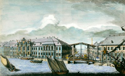 Vista del antiguo Palacio de Invierno del Canal Moika y Neva en San Petersburgo, grabado del siglo XVIII. San Petersburgo, Biblioteca del Hermitage de Anonymous Anonymous