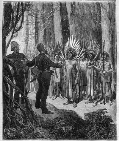 Viaje de Henri Coudreau (1859-1899), profesor de geografía y explorador en el territorio indígena de Guayana - recibido por los jefes Roucouyan - grabado en 