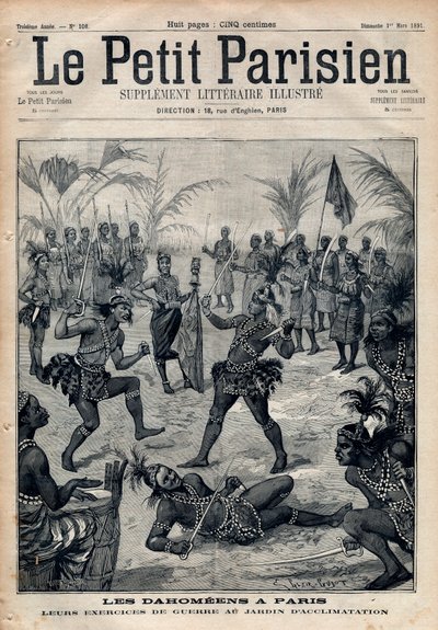 Ejercicios de guerra: Amazonas, guerreros y feticheurs dahomeanos (ahora Benín) del jardín de aclimatación en París (Zoo Humano). Grabado en “Le petit Parisien” de 1891. Colección privada. de Anonymous Anonymous