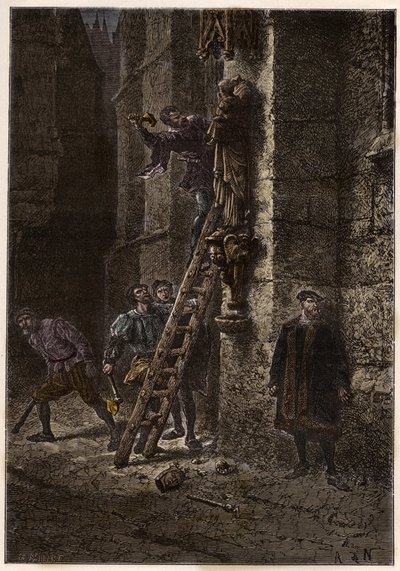 Guerra de Religiones - Iconoclasmo - Destrucción de objetos sagrados por herejes (protestantes) en el siglo XVI en Francia - Herejes iconoclastas en Francia - Furia iconoclasta - Protestantes destruyen imágenes de María y el Niño Jesús - grabado de “L