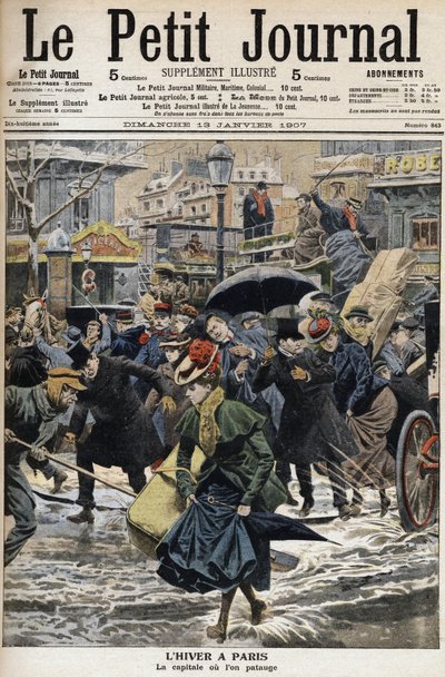 Invierno en París: los postes están vadeando en la nieve derretida y las diligencias de los transeúntes. Grabado en la portada del Petit Journal de Anonymous Anonymous