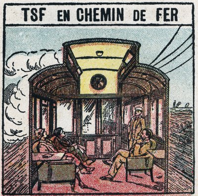 Telefonía inalámbrica: T.S.F. en un vagón de tren. Ilustración anónima de 1925. Colección privada. de Anonymous Anonymous